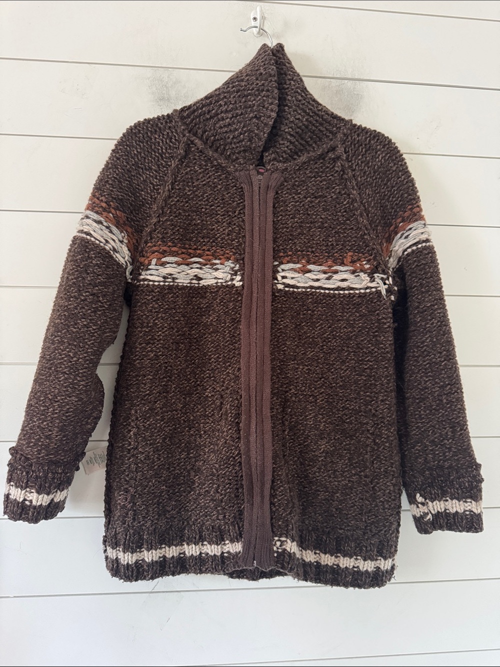 Mary Maxim Roots Colab Size XS ( Generous) Hand Knit Beaver Cardigan Full Zip - Picture 5 of 17